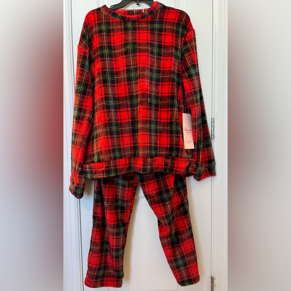 🆕Angel Cult Pajama Set Womens 2XL Red Plaid Fleece 2-Piece Cozy Holiday